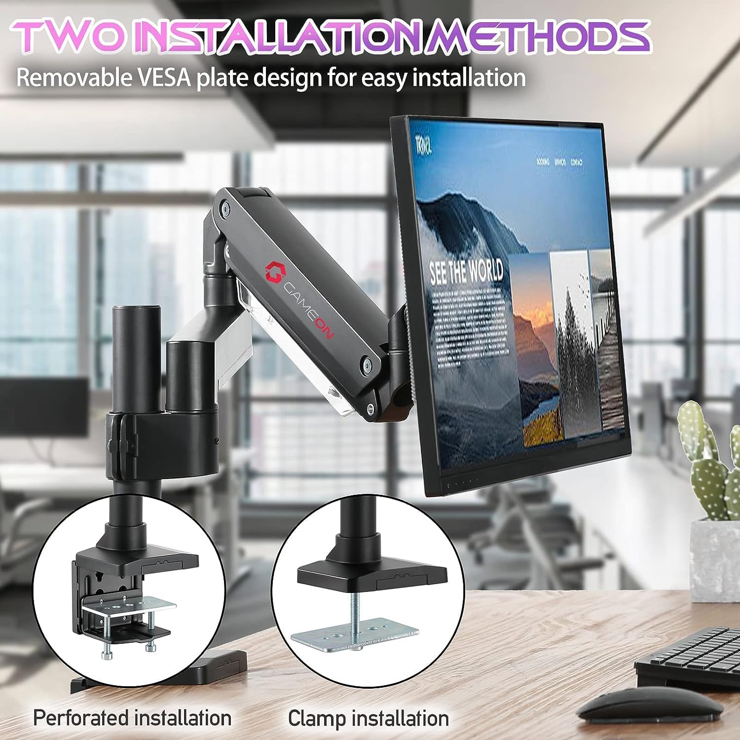 GAMEON GO-2083 Pole-Mounted Aluminum Heavy-Duty Spring-Assisted Single Monitor Arm For Gaming And Office Use, 17 GAMEON GO-2083 Pole-Mounted Aluminum Heavy-Duty Spring-Assisted Single Monitor Arm For Gaming And Office Use, 17